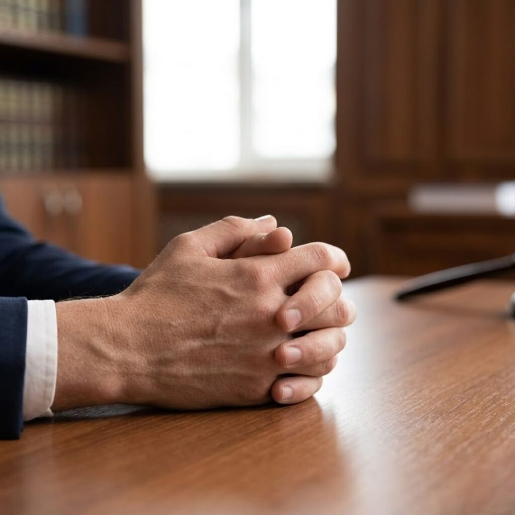 hands crossed on a tab in a legal office