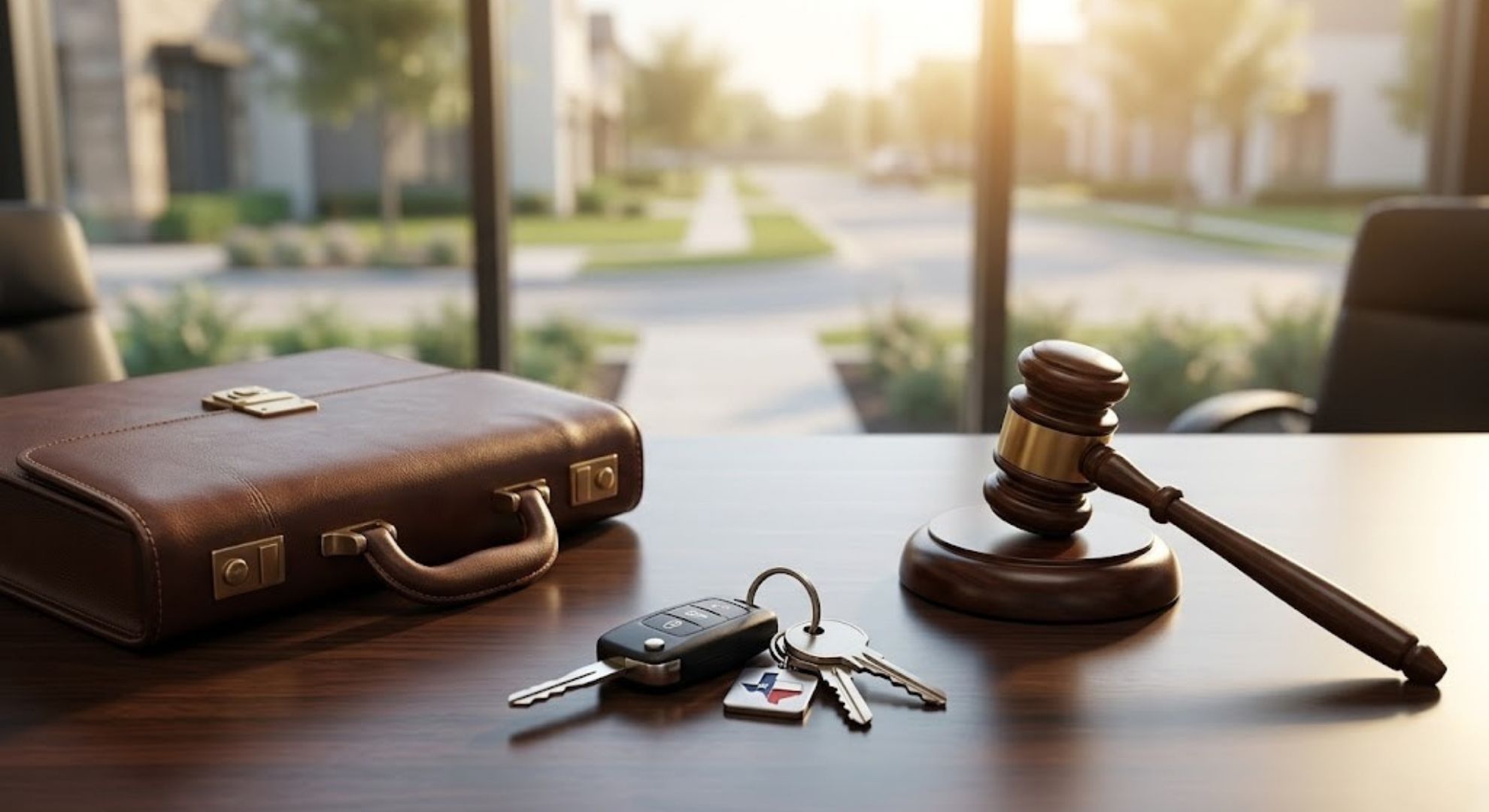 briefcase, car keys, and gavel resting on desk in office