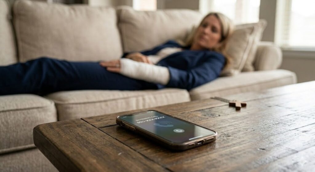injured woman lying on couch with phone on table ringing