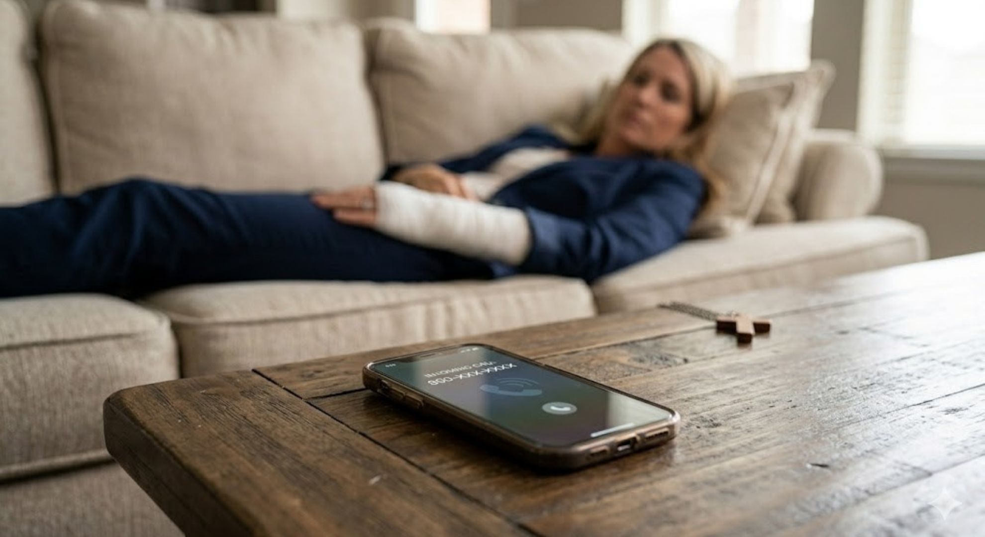 injured woman lying on couch with phone on table ringing
