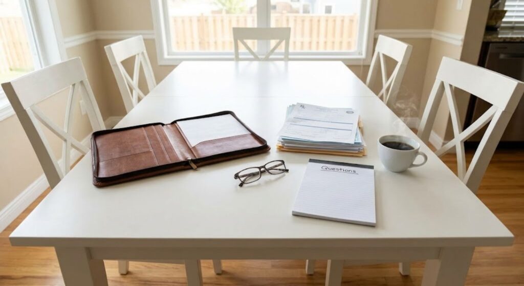 paperwork at kitchen table before a consultation