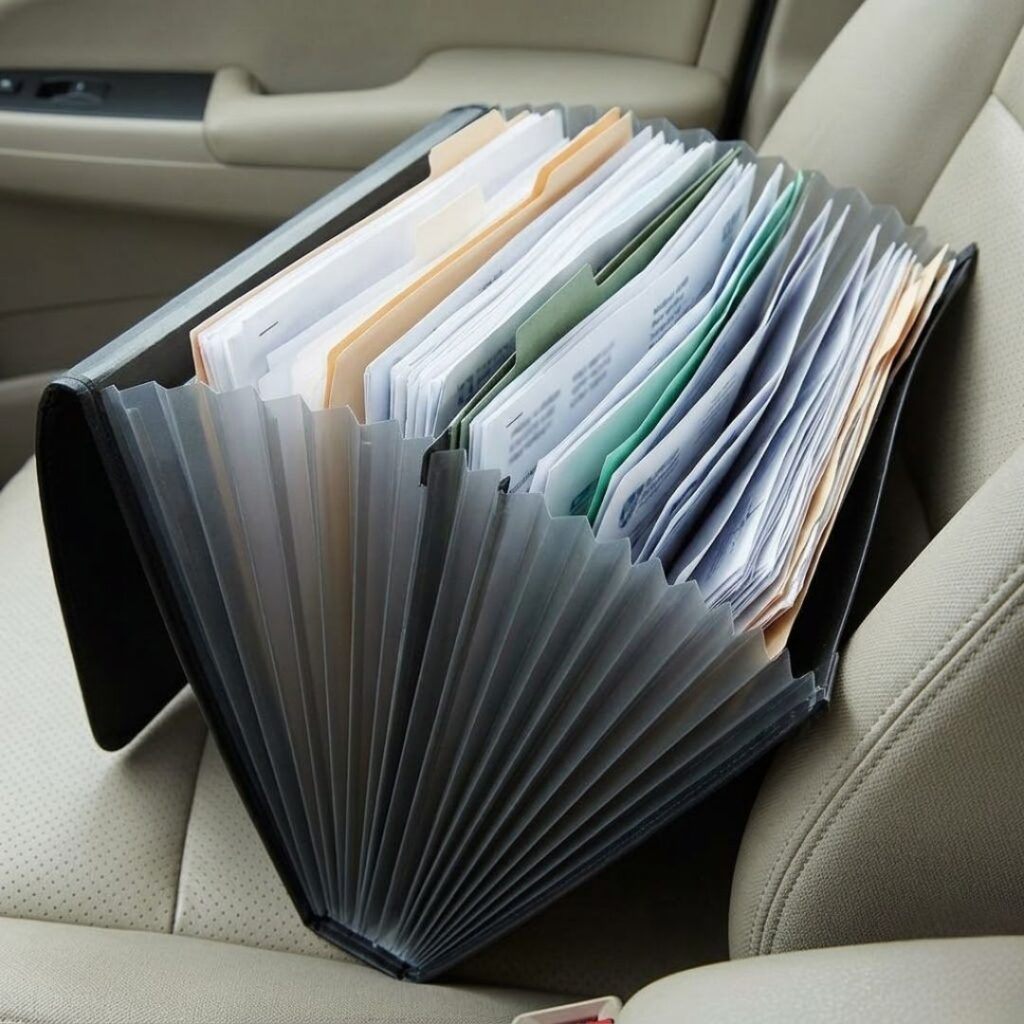 binder of paperwork on seat of car