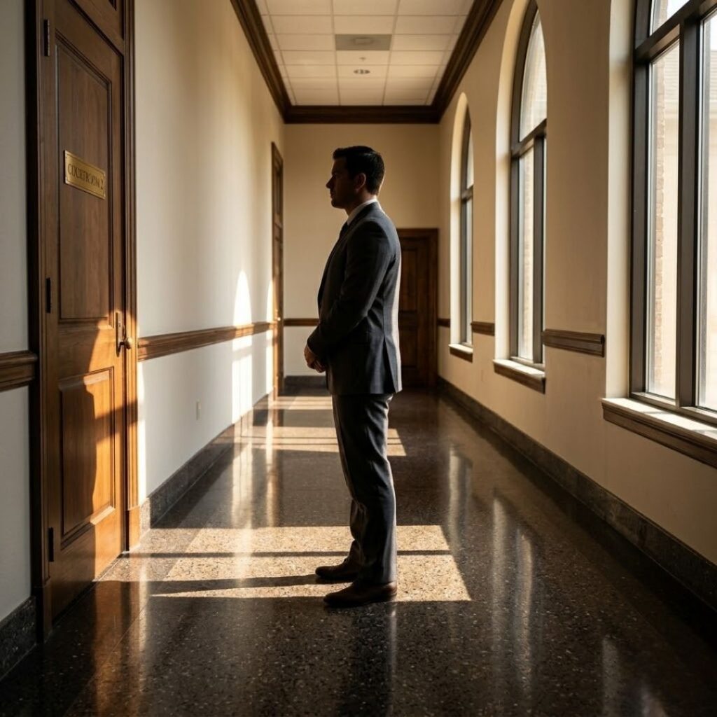 man standing in hallway outside courtroom